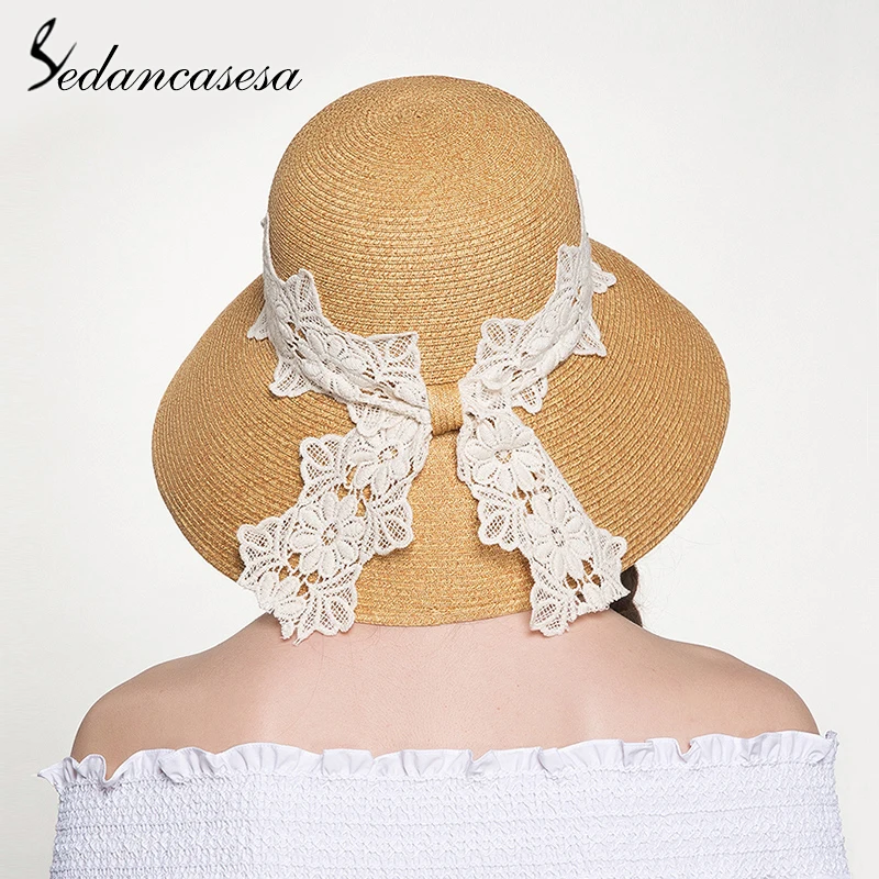 Женская Соломенная шляпка с широкими полями SW129002 летняя модная кружевным