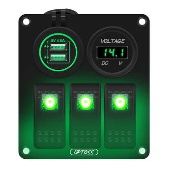 

3 Gang Switch Panel with LED Digital Voltmeter USB Charger for RV Car Green