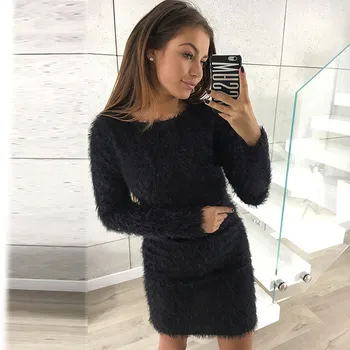 

Women Winter Long Sleeve Solid Sweater Fleece Warm Basic Short Mini Dresss Pull Women's Turtleneck Long Sweater