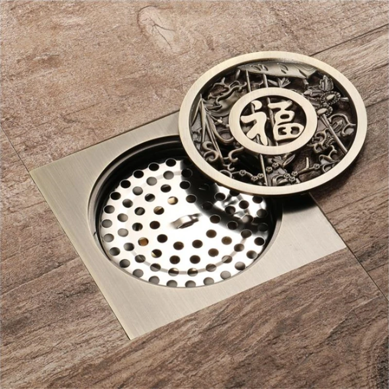 

4’ Antique Brass Finished Floor Drain Bathroom 10*10cm Shower Drain Bathroom Waste Grate Drain