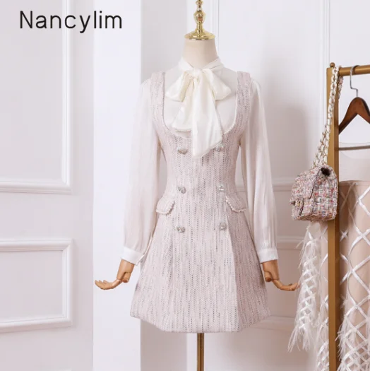 

2019 New Autumn Small Fragrance Set Femme Ashion Nail Bead Tie Bow Shirt Coat + Strap Double Row Buckle Dress Two Piece Sets