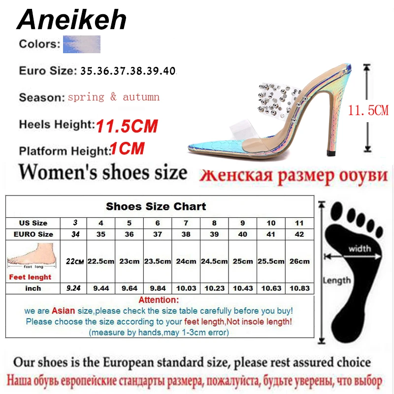 Aneikeh/ г.; модная обувь из ПВХ; шлепанцы с открытым носом заостренный кончик; пикантные вьетнамки на тонком каблуке с металлическими заклепками; женские шлепанцы; Туфли-лодочки; размер 42