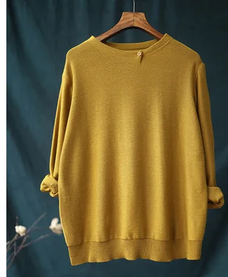 yellow Корейская Женская Осенняя свободная однотонная трикотажная рубашка с круглым вырезом, женский свитер Харадзюку, рубашка основной пуловер, рубашка, топы, пальто - Цвет: yellow