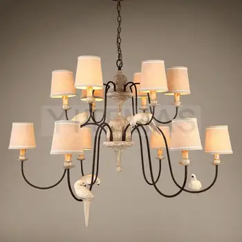 

Bird wooden chandelier rustic lighting european home decor 6/8/12/14 candle chain chandelier lights fabric shade resin bird
