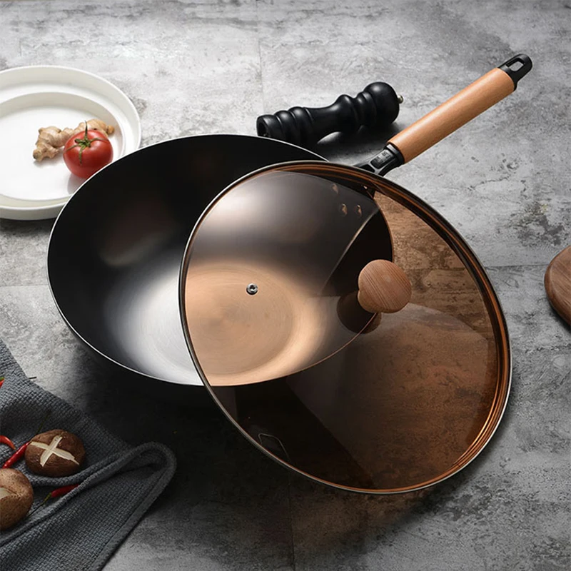 

32cm Cookware Wok Non-stick Cooker Cast Iron Pan Non-coated Pot Frying Pan Chinese Cooking Pot Household Frying Wok Kitchen Tool
