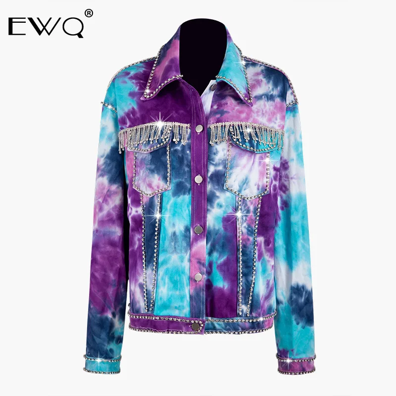 

EWQ / 2020 New Fashion Spring Lapel Contrast Printed Diamonds Tassel Chains tops Men Loose Casual Tide Korean shirt Male 9A341