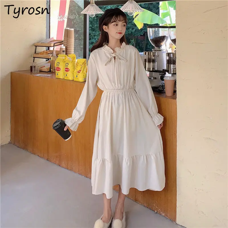 

Long Sleeve Dress Women Design Bow Sweet Elegant Ruffles Solid Defined Waist Vestidos Feminine Preppy Style Empire Midi Dresses