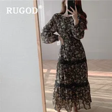RUGOD Boho шикарное корейское Цветочное платье макси с длинными рукавами Топ для женщин женские платья элегантные плиссированные сборные талии шифоновые топы