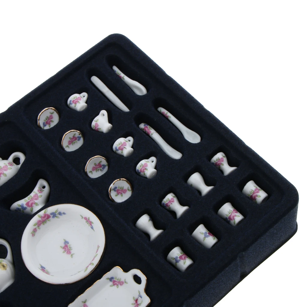 40pcs Dollhouse Miniatures Rose Flowers Ceramic Tea Set Pot Cup Plate