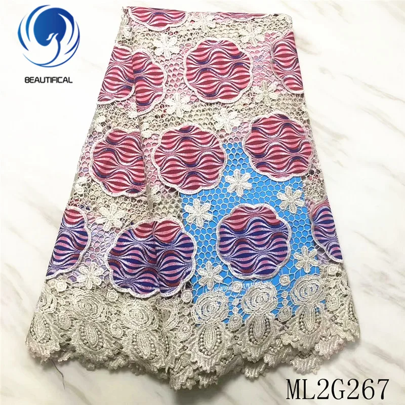 

BEAUTIFICAL African lace fabrics guipure cord lace mix wax fabric for women New design nigerian water soluble lace ML2G267