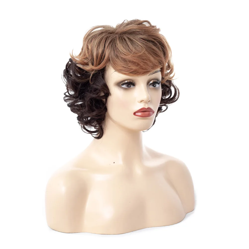 LIHUI Women's short curly hair synthetic wig Oblique bangs Curly wigs Brown gradient black