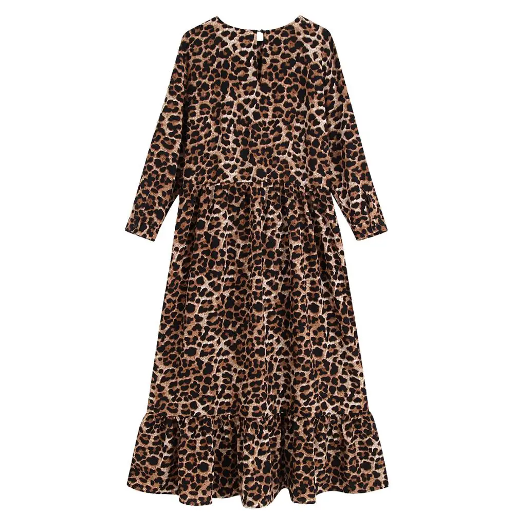 za women's animal rint PRINTED DRESS leopard Flowing, round neck maxi dress with sleeves falling below the elbow