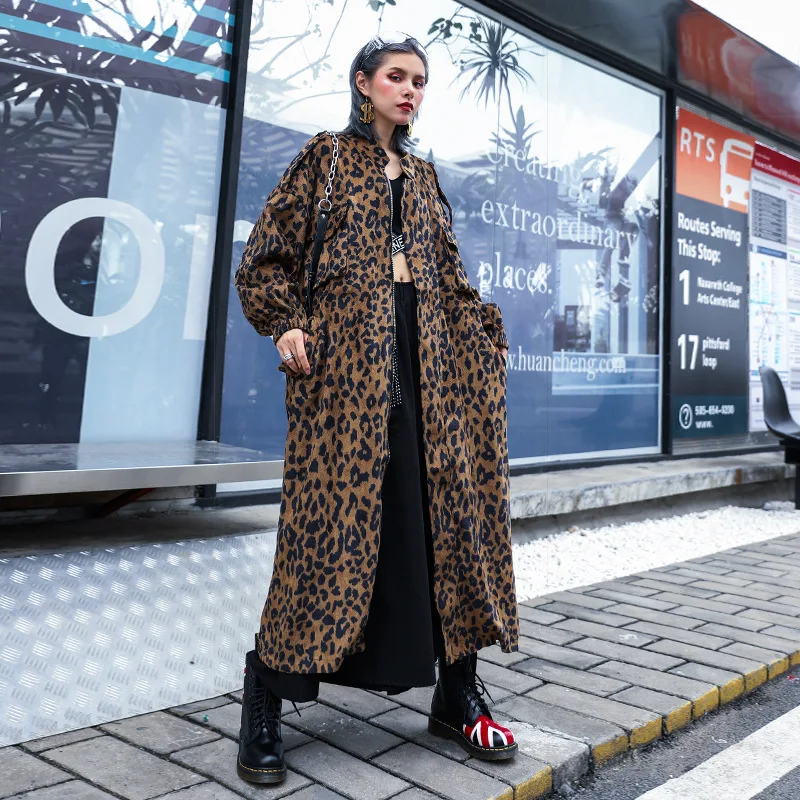 

Johnature Streetwear Corduroy Leopard Long Trench Coat 2019 Autumn Winter New Fashion Loose All-match Outerwear Women Clothes