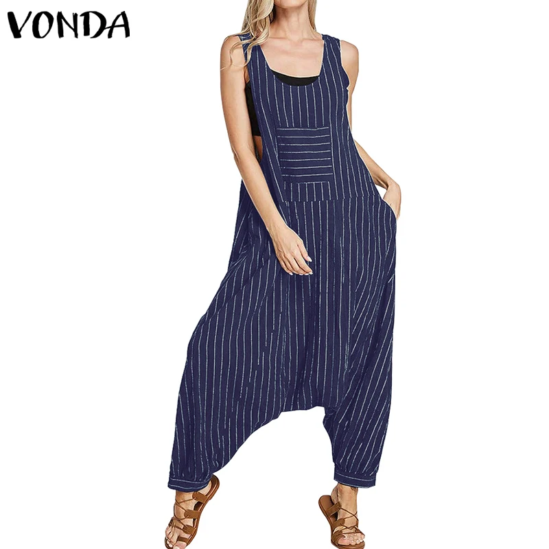 Blue VONDA костюмы, женские комбинезоны, винтажный детский летний полосатый сарафан костюмы для подвижных игр свободного кроя, комбинезоны в богемном стиле, женские штаны, большие размеры - Цвет: Blue