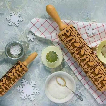 

Christmas Wooden Rolling Pins,Engraved Embossing Rolling Pin with Christmas Deer Pattern for Baking Embossed Cookies,Rolling Pin