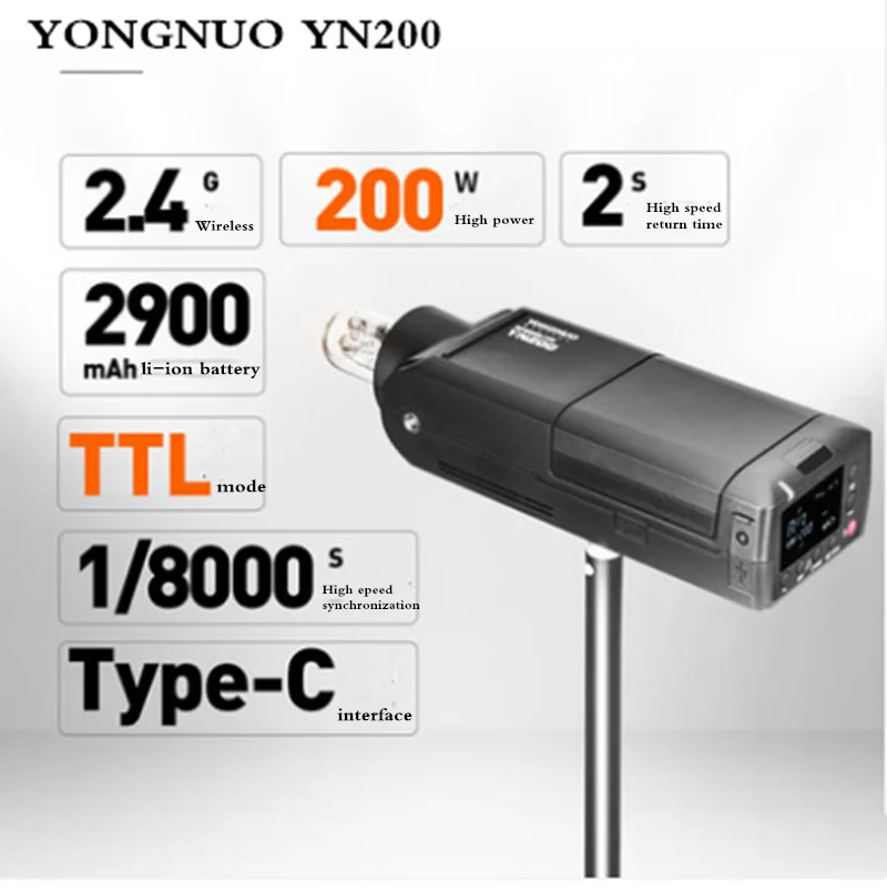 YONGNUO YN200 ttl HSS 2,4G 200W литиевая батарея с usb type C, совместимый YN560-TX(II)/YN560-TX Pro/YN862 для Canon Nikon
