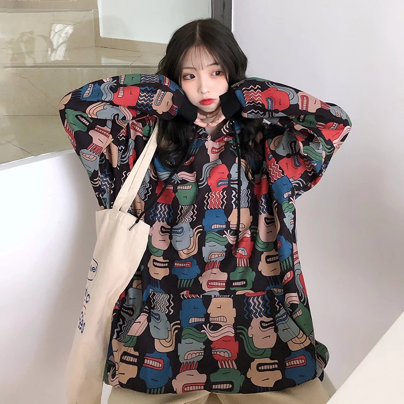 Корейская мода Уличная Повседневная Женская Толстовка Harajuku мультфильм шаблон пуловер толстовка с принтом осенние женские Топы толстовка SL219