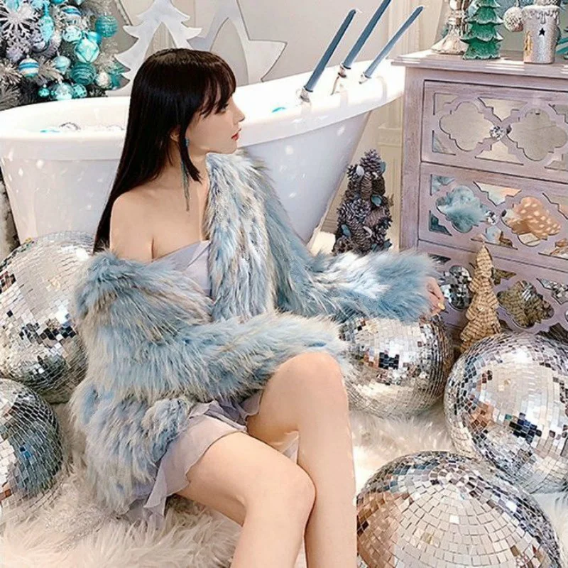 

Women Winter Elegant Blue Faux Fox Fake Rabbit Fur Wrap Cape Coats For Coat Lady Short Jacket Female Casual Outerwear Manteau