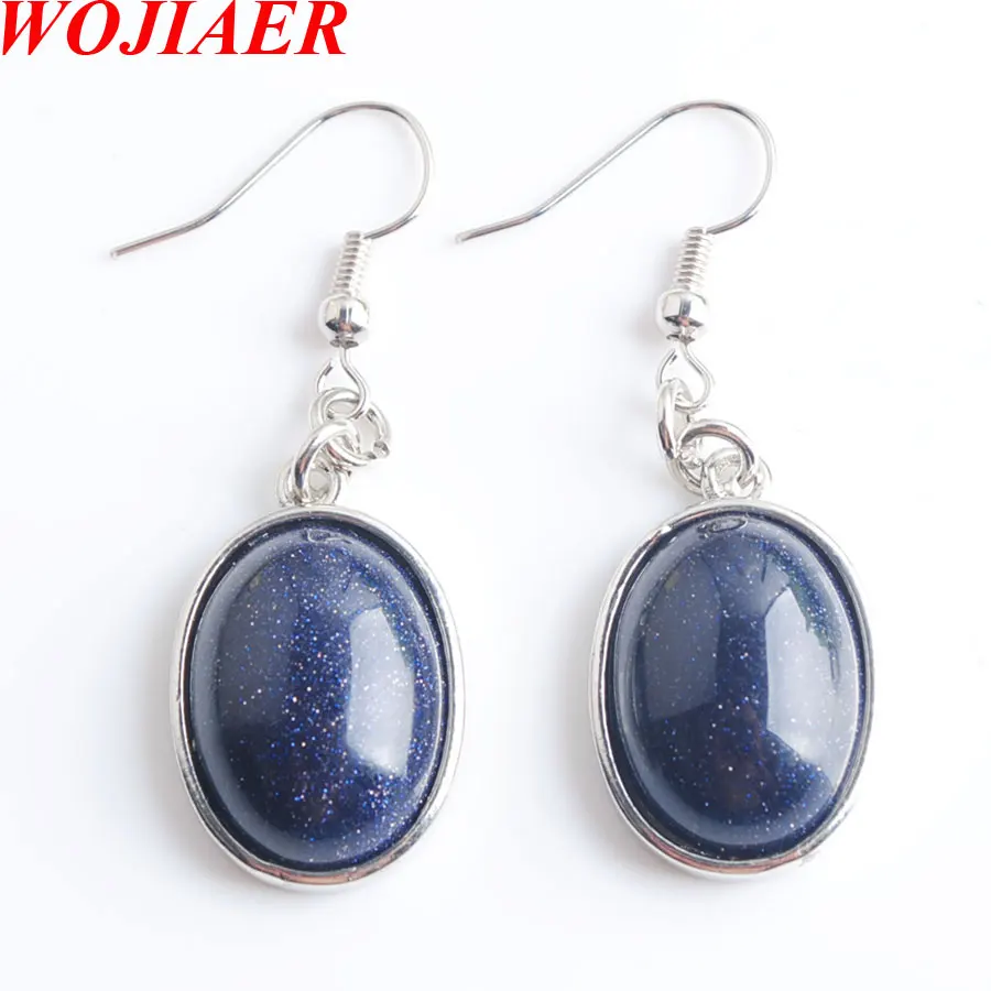 

WOJIAER Women Natural Blue Sand Egg-shaped Gem Stone Drop Earrings Beads Healing Earring Jewellery PR8026