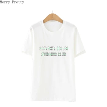 

Women Cotton T Shirts Ulzzang Letters Print Summer White T-shirt Korean Style Round Neck Loose Ins Tops Casual Camisetas Mujer