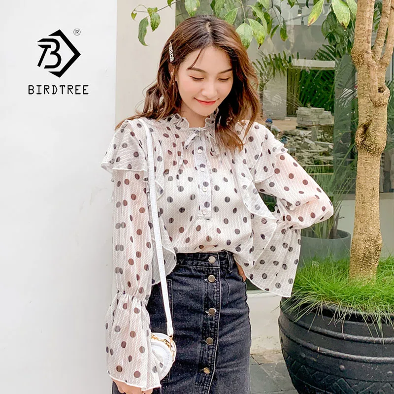 

2019 Chic Autumn New Women's Chiffon Blouse Polka Dot Bow Tie Button Flare Sleeve Ruffles Female Casual Sweet Tops T98204D
