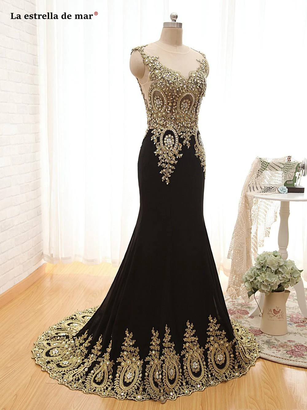 Vestido de Festa, Новое кружевное платье с кристаллами, атласное Красный черного и золотого цвета сексуальное вечернее платье из шифона Русалка из