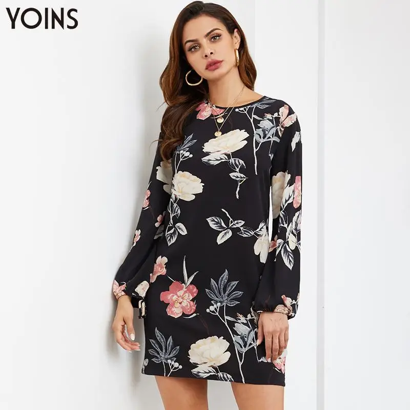 YOINS богемное мини-платье с цветочным принтом и круглым вырезом манжетами на
