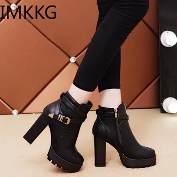 

Square Heel Ankle Boots Zapatos De Mujer Botas 2019 New Autumn and Winter Boots Button High Heels Shoe Fashion F90321