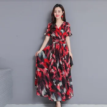 

Elegant Long Sleeve Dress Beach Vintage Summer Dresses Casual V Neck Women Dress Ladies