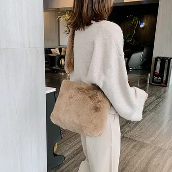 

Drop Shipping Women Winter Handbag Designer Women's Plush Shoulder Bags Soft Fur Hobo Handbag Large Capacity Purse Lady Sac