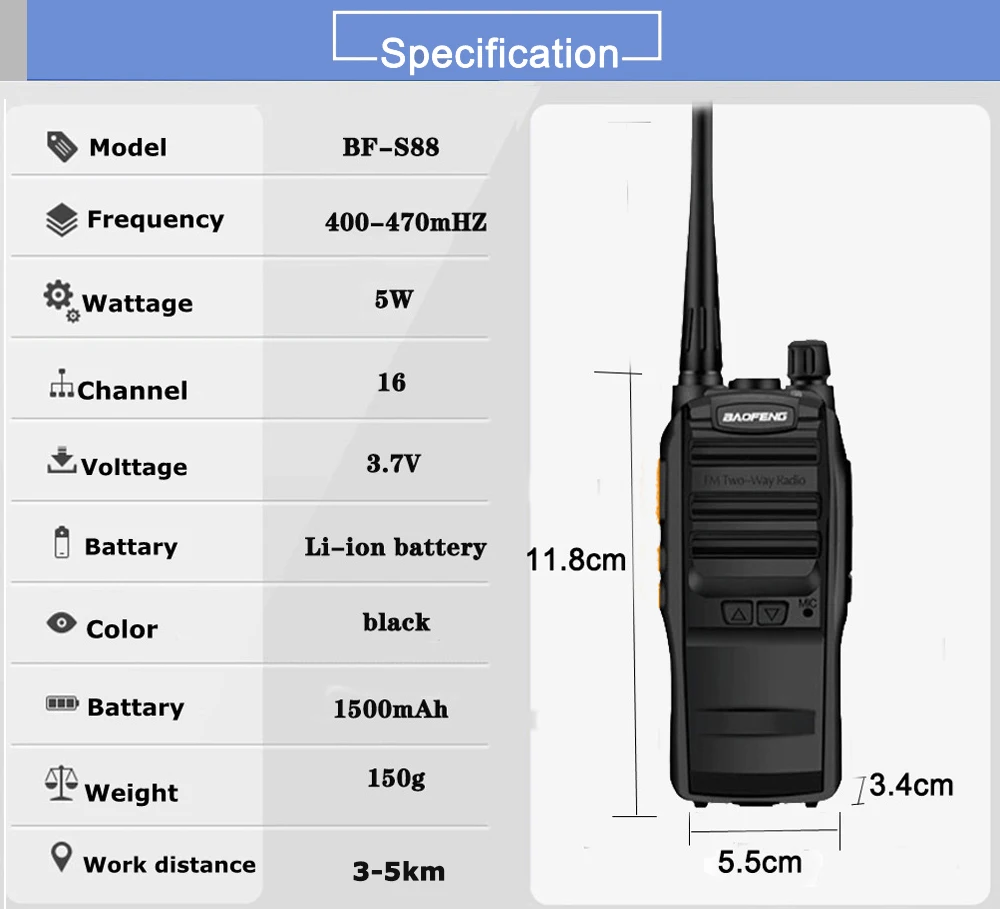 2 шт. Мини Беспроводная двухсторонняя рация Baofeng BF-S88 переносное большое расстояние Высокая мощность самоуправляемая рация