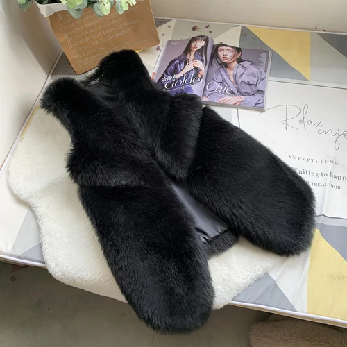 My NewIn/женская меховая жилетка, теплый жакет из меха, длинный жакет из меха, без рукавов для зимы, Kamizelka Futerko - Цвет: black