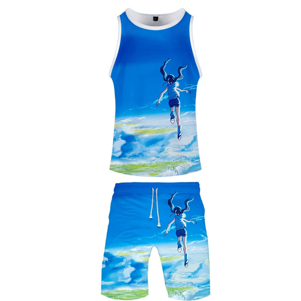 Son of the weather 2019 new two piece set casual hiphop shot sleeve tshirt + beach shorts men streetwear sports shorts set