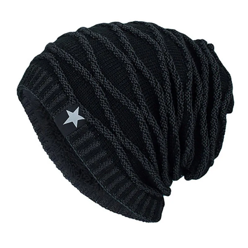 Зимняя шапка для мужчин, вязаные теплые шапки высокого качества, унисекс, толстая шапка, мешковатая Повседневная Кепка для улицы, шапка в рубчик - Цвет: Черный