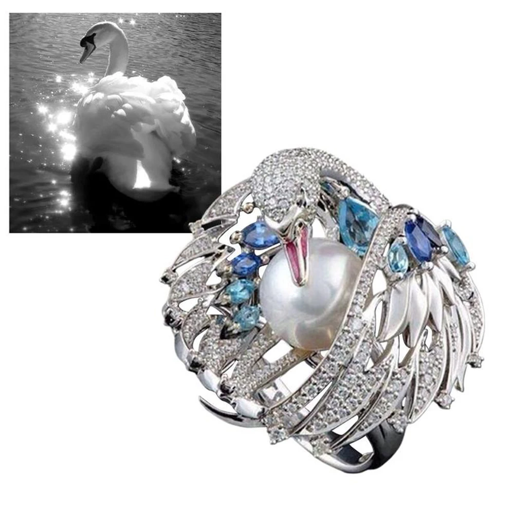 Новые винтажные Кристальные кольца Лебеди для женщин Имитация жемчужное свадебное кольцо ювелирные аксессуары Новинка