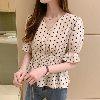 

COIGARSAM Short Sleeve blouse women New Summer Polka Dot High Waist V-Neck blusas womens tops and blouses Apricot 5893