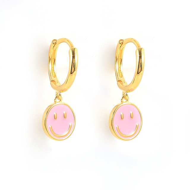 925 Sterling Silver Funny Smile Face Pendant Hoop Earrings For Women Colored Enamel Smiley Charm Circle Earrings Jewelry