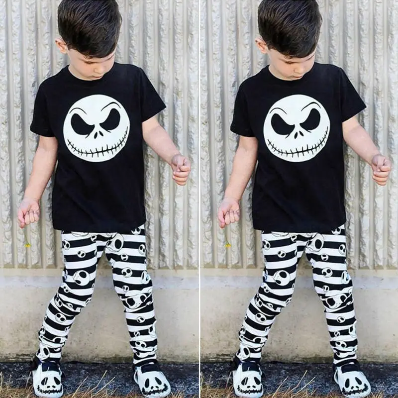 2019 Cotton Halloween Newborn Kids Baby Boy Skull Tops Short Sleeve T-Shirt Striped Long Pants Outfit Set Clothes Costume 2Pcs