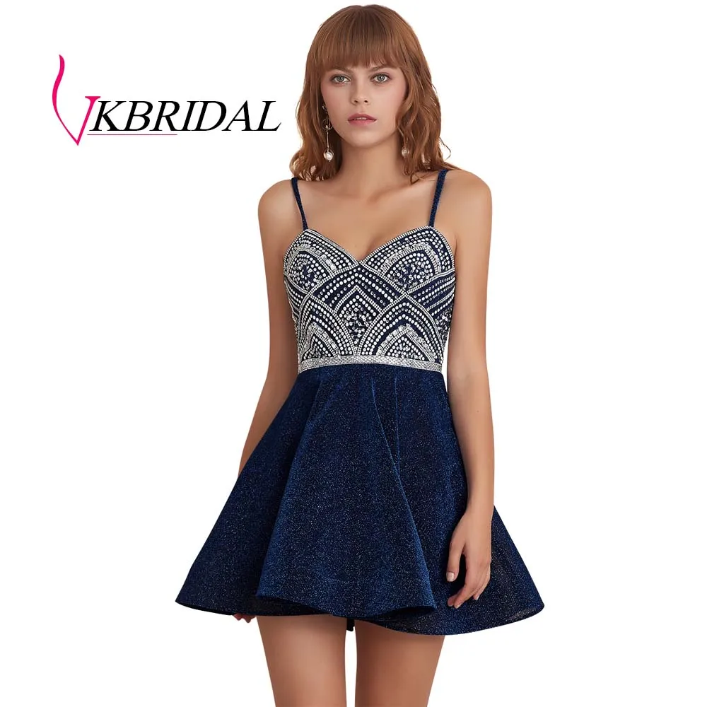 navy blue VKBRIDAL, сексуальные короткие платья на бретельках для выпускного вечера,, Королевский синий цвет, с бусинами, с блестками, Коктейльные Вечерние платья - Цвет: navy blue