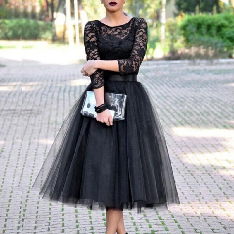 Для женщин кружева лоскутное бальное платье; платья с фатиновой юбкой-пачкой платья до середины икры элегантные вечерние с О-образным вырезом Высокая Талия Летние платья