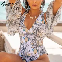 Женский купальник с глубоким вырезом, бикини с v-образным вырезом Mujer, модные боди с цветочным принтом, Цельный купальник для женщин, монокини, купальные костюмы