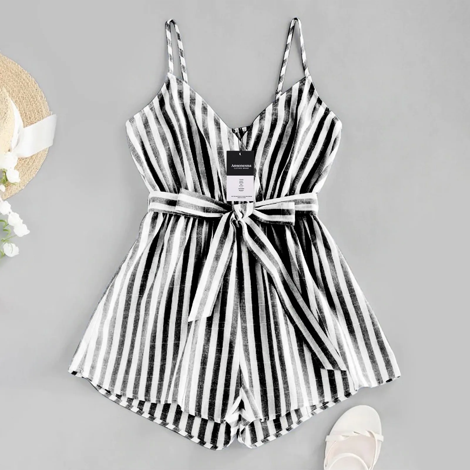 Jumpsuit Shorts Womens Summer Suspenders Jumpsuit Casual Stripe Printing Loose Sleeveless V-neck Shorts