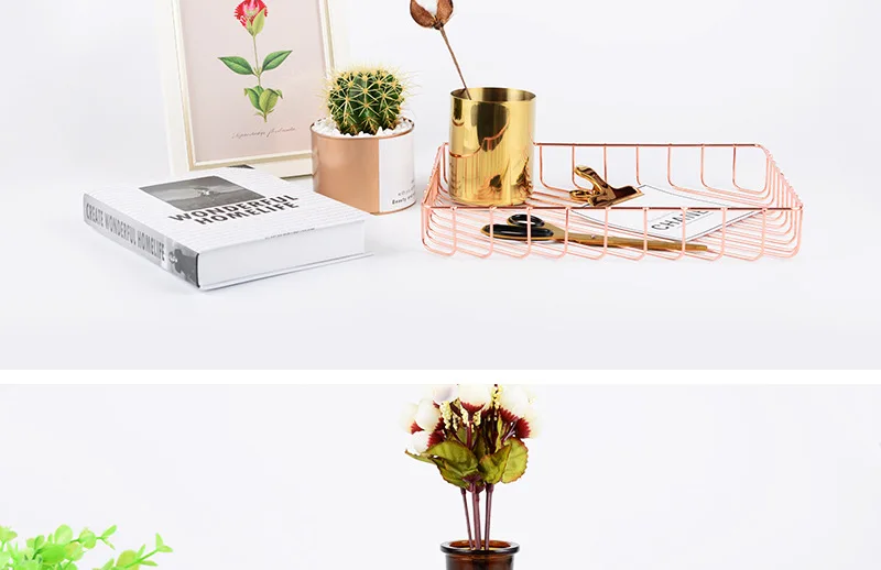 Nordic style Danish ins gold A4 storage basket Rose gold wrought iron storage basket Desktop fruit finishing