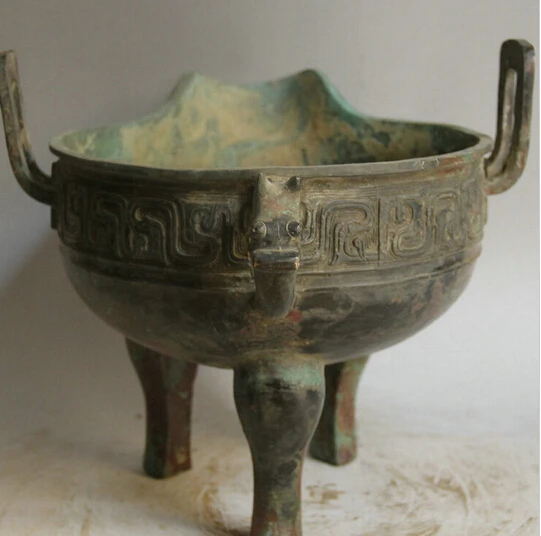 410+Collectible bronze S2042 14" Old Chinese Bronze Folk 3 Foot Beast handle cup goblet Incense Burner Censer