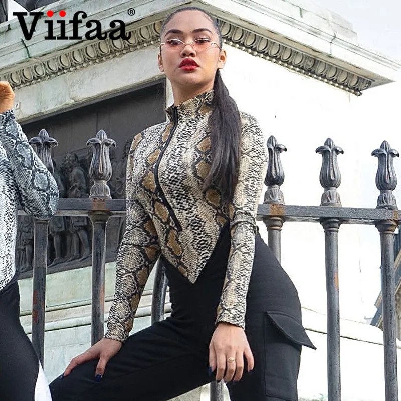 

Viifaa Snake Skin Animal Print Streetwear Long Sleeve High Neck Bodysuit Women Autumn Winter Zipper Sexy Skinny Bodysuits
