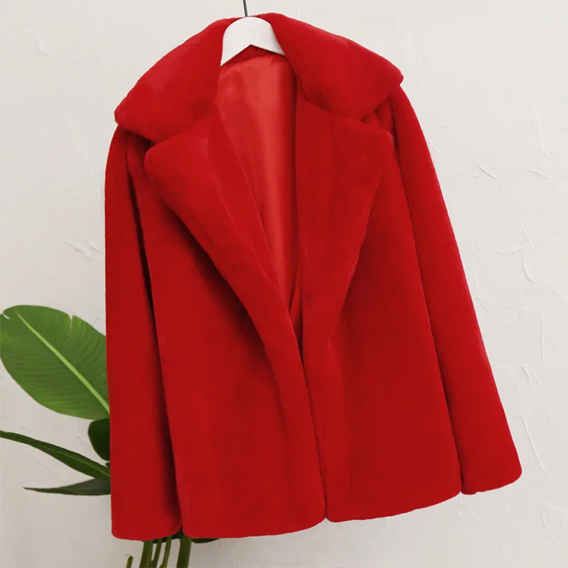 red short fur jacket Мягкое леопардовое плюшевое пальто из кроличьего меха зимняя теплая лохматая куртка из искусственного меха пальто Ins уличная мода женское плотное розовое пальто - Цвет: red short fur jacket