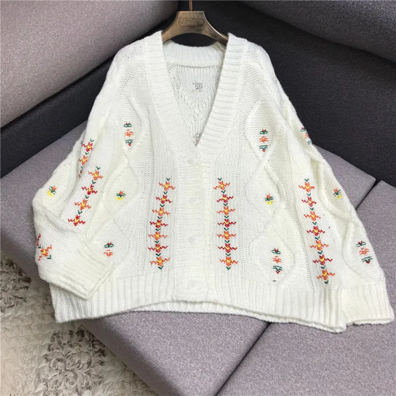 

Luxury Designer Brand Knitted Cardigans for Women V Neck Hand Crocheted Colorful Embroidery Twist Loose Knitted Sweater