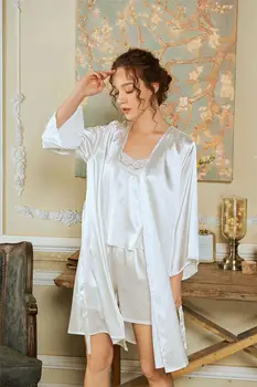 

2020 Summer Sexy Nightgown Nightdress Ice Silk Nightgown Women's Suit Solid Color Three Piece Suit Can Be Worn Externally