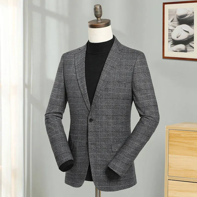 

2019 Europe Grey Plaid Blazers Men Full Sleeve Smart Casual Blazer Jacket Fashion City Suit Male Regular Coat Spring Autumn