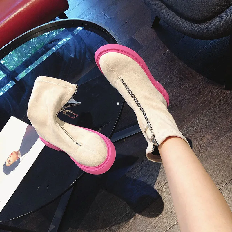 Женские ботинки; женская обувь на молнии; Botas; chaussures femme; женская обувь с круглым носком; обувь на низком каблуке; Botas Mujer; смешанные цвета